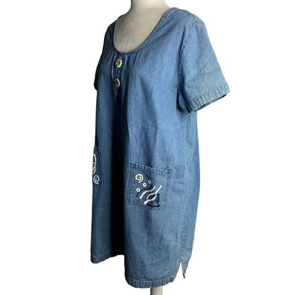 Vintage Denim Chambray Shift Dress L Fish Pockets Short Sleeves - Picture 4 of 7
